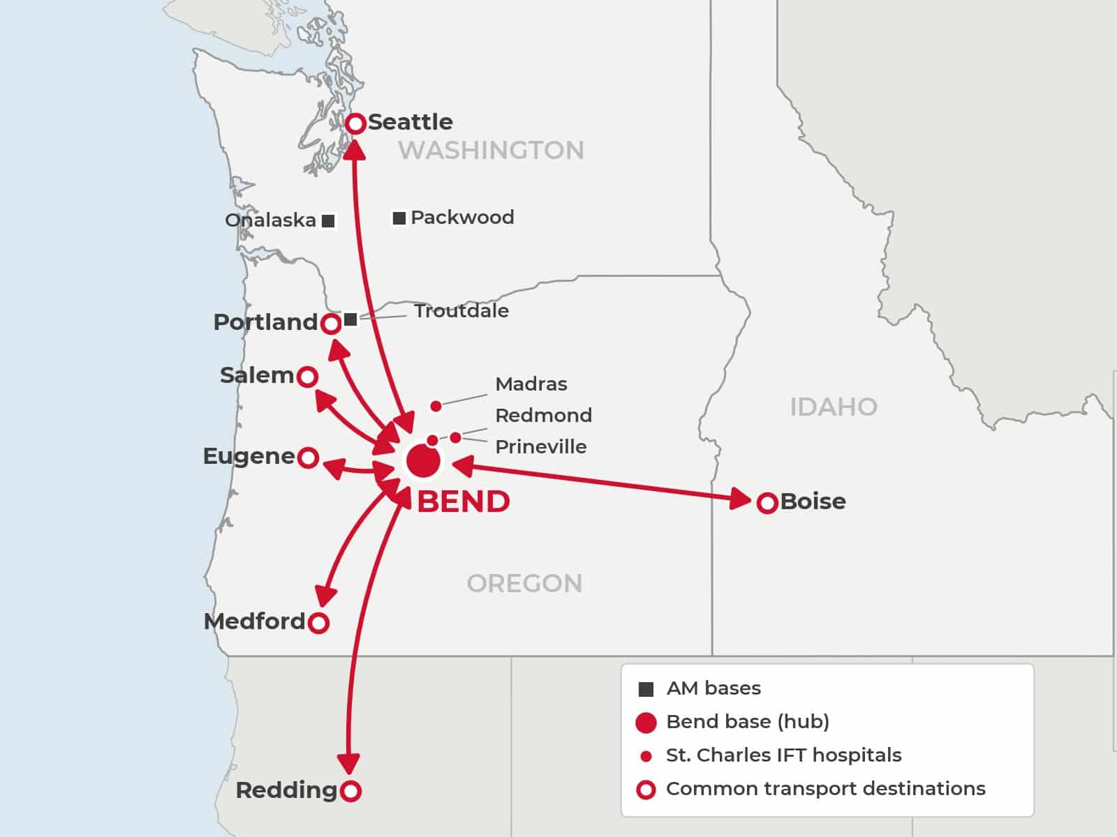 Map of Adventure Medics interfacility transport routes from Bend, Oregon to Portland, Salem, Eugene, Medford, Seattle, Boise and Redding, with bases in Bend, Troutdale, Onalaska and Packwood