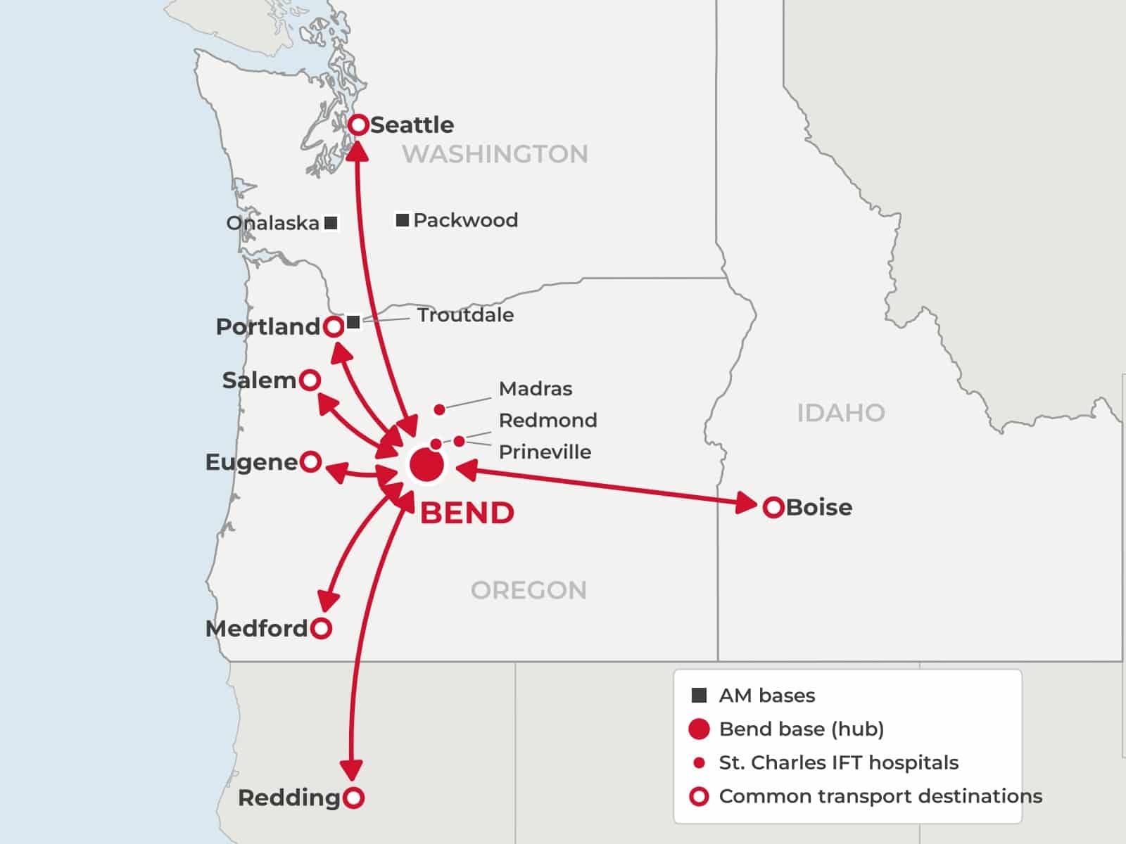 Map of Adventure Medics interfacility transport routes from Bend, Oregon to Portland, Salem, Eugene, Medford, Seattle, Boise and Redding, with bases in Bend, Troutdale, Onalaska and Packwood